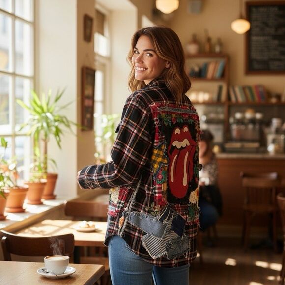 Upcycled Flannel Shirt Womens Large Lips Shacket Grunge Rock Concert Art - Picture 10 of 16